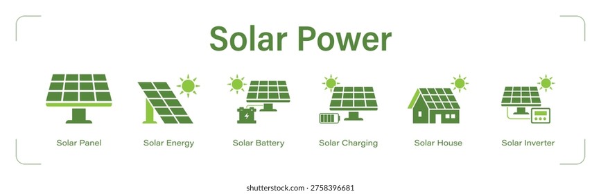 Solar Power web banner icon set. vector illustration concept with icon of Solar Panel, Energy, Battery, Charging, House, Inverter.