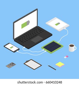 Solar powerbank charging a smartphone, computer and tablet pc. Isometric vector illustration.