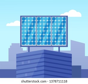 Solar powered blue building in flat style, glossy view of eco equipment on building roof, alternative electric generator, ecological collector vector