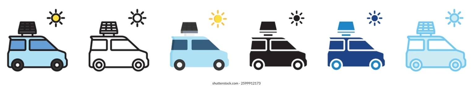 Solar Powered Car multi style, mini illustration icon set. outline, flat, glyph, line color, UI, UX, app and web, digital or print. vector EPS 10 related to EV, electric car, transportation.