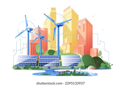 Ciudad con energía solar, ilustración vectorial. Concepto de energía verde con rascacielos y paneles solares.