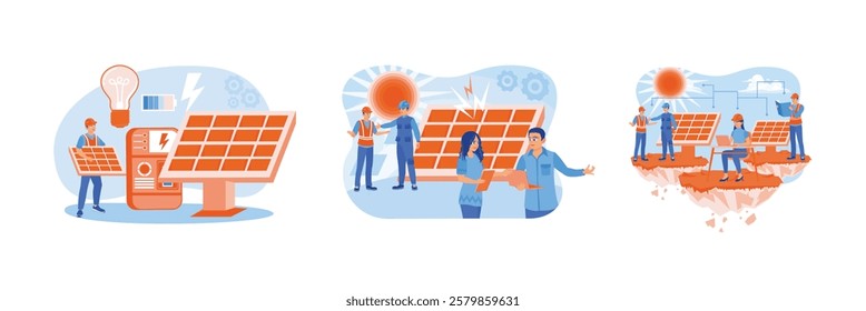 Solar powered electrical energy. Sustainable industry. Utilizing sunlight for the green industry. Solar energy panels concept. Set flat vector illustration.