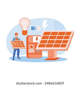 Solar powered electrical energy. Technician installing solar panels. Solar energy panels concept. Flat vector illustration.