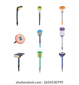 solarbetriebene Gartenlampe Set Cartoon. führte nachhaltige, wiederaufladbare effiziente, helle wetterfeste solarbetriebene Gartenlampe Zeichen. einzelne Symbol, Vektorgrafik