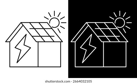 Solar powered house icon with panels and sun for renewable energy. Residential eco-friendly power concept vector line art illustration.