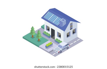 Casa con energía solar.sobre fondo blanco.Diseño 3D.Diseño vectorial isométrico Ilustración.