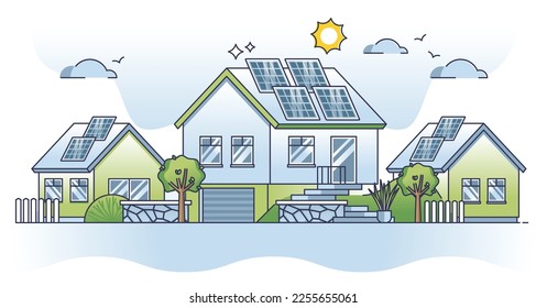 Solar powered residential house with alternative power source outline concept. Electricity supply with sun cells as ecological, sustainable and nature friendly rooftop solution vector illustration.