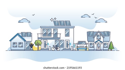 Solar powered residential houses with sun energy panels outline concept. Renewable and sustainable electricity with green ecological source solution vector illustration. Vehicle and car plug