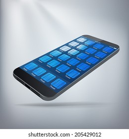 Solar Powered Smartphone Concept. Dark grey smartphone with solar panel apps taking up all of the home screen. Layered file for ease of customization. Fully scalable vector illustration.