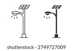 Solar powered street light renewable energy lamp icon set, in outline and solid silhouette style. Vector illustration.