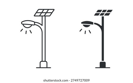 Solar powered street light renewable energy lamp icon set, in outline and solid silhouette style. Vector illustration.