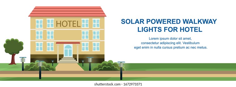 Solar Powered Walkway Lights for Hotel Banner. Green Energy from Solar Batteries. Photovoltaic Cell Lights on Street. Alternative Renewable Electricity Source. Ecological Technology