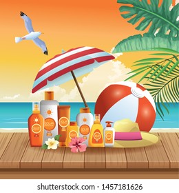 Solar protection bottles products for summer with umbrella and ball on beach background vector illustration graphic design