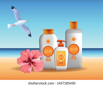 Solar protection bottles products for summer with bird flying and flower on beach background vector illustration graphic design