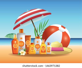 Solar protection bottles products for summer with umbrella and ball on beach background. vector illustration graphic design.