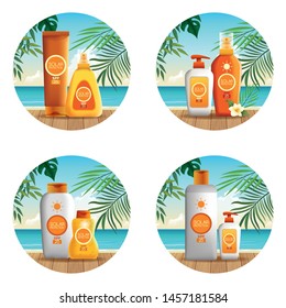 Solar protection bottles set of products for summer on beach scenery with palms leaves at sunny day, sun bronzers and cosmetics. round icons vector illustration graphic design