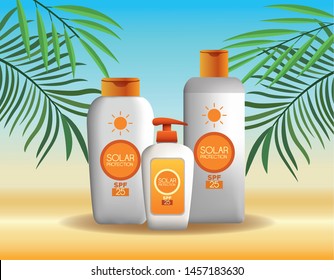 Solar protection bottles set of products for summer on beach scenery with palms leaves at sunny day, sun bronzers and cosmetics. vector illustration graphic design