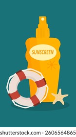 Solar protection cosmetic container with lifebuoy and starfish. Vector template spf spray product collection