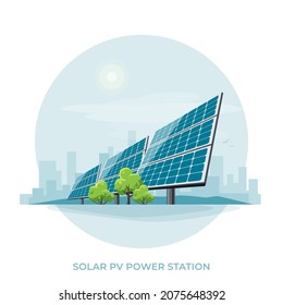 Solar PV panel power plant station. Renewable sustainable photovoltaic solar park energy generation in circle with sun and urban city skyline. Isolated vector illustration on white background.