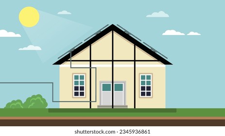 Solar PV system explanation for house electricity production outline diagram. Labeled educational scheme with detailed photovoltaic energy usage and technological power