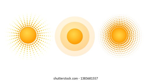 Solar radial pattern Orange abstract banner from dot Sun shape design element with a dotted pattern rays in a modern style Decorative solar symbol for creative design of summer spring theme Vector set