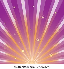 Solar rays of the rising sun and shining sparks on the background of purple dawn