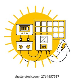 Solar renewable energy concept in thin line - sun, panel and electric equipment. Charger, battery and inverter - Sustainable development for household