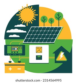 Solar renewable energy diagram - sun, panel and electric equipment. Charger, battery and inverter - Sustainable development for household