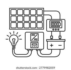Solar renewable energy icon in bold line - sun, panel and electric equipment. Charger, battery and inverter - Sustainable development for household