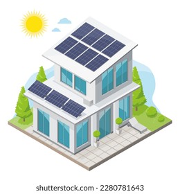 Solar Roof top concept solar cell on roof of Modern Simple House in green nature ecology lifestyle out door isolated illustration cartoon