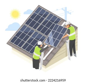 Concepto de servicio de equipo del instalador de la azotea solar para ecología del hogar del cliente y aislamientos isométricos del negocio ecológico vector