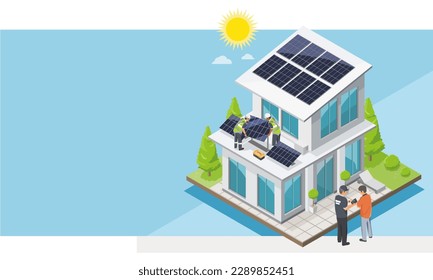 Solar Roof top installer team service installation concept background with left text space solar cell on roof of Modern House in green nature ecology lifestyle out door isolated illustration cartoon