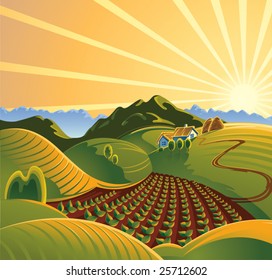 Solar rural landscape with a sunset and mountains