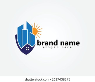 solar shield logo, city with shield, logo design inspiration