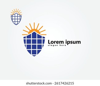 solar shield logo, solar panel panels forming a shield with the sun on top, logo design inspiration