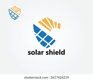 solar shield logo, solar panel and sun above it form a shield, logo design inspiration