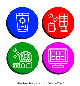 solar simple icons set. Contains such icons as Sunscreen, Solar cell, Observatory, Grid, can be used for web, mobile and logo