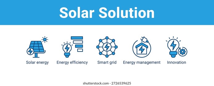 Solar Solution Web-Banner-Symbol Vektorgrafik-Konzept , mit Symbol für Solarenergie, Energieeffizienz, Smart Grid, Energie.