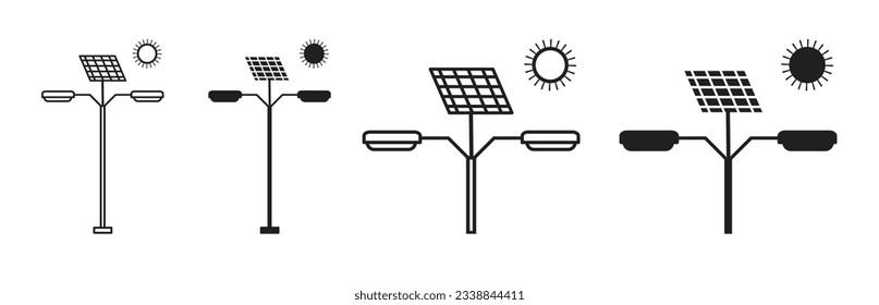 Juego de iconos de la lámpara de calle solar. símbolo vectorial fotovoltaico de farolillo en color negro.