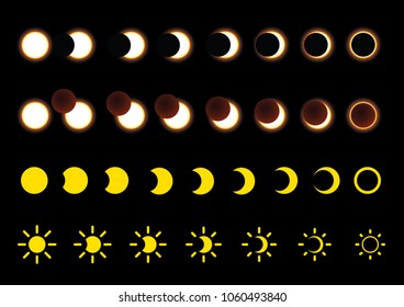 Solar Sun Moon Eclipse Planet with a glow Amazing scientific natural phenomenon Diamond ring Equinox phases of solar and lunar eclipse Weather star Golden sky icon icons Vector Phases of the Moon