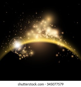 Solar sunrise with stars background. Planet in space. Background with Glowing Stars for Brochures, Flyers, Posters, Greeting Cards. Vector illustration.