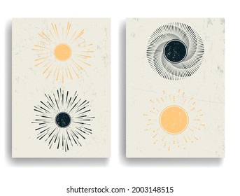 Solar symbol . Vector illustration . Vintage sun logo . Minimal design element . Abstract geometric shape . Sunburst .