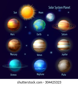 Solar system 8 planets and pluto with sun pictograms set. astronomical colorful poster abstract vector isolated illustration