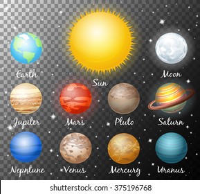 Solar system 8 planets and pluto with sun pictograms set. astronomical colorful poster abstract vector isolated illustration on transparent background