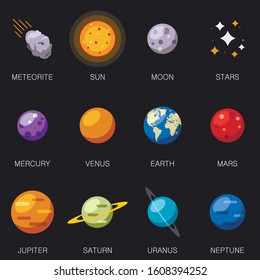 Solar system 8 planets and Sun, Moon, stars and meteorite isolated on background. Vector illustration