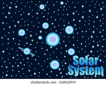 Solar system in 80's retro style. Space travel. Vector illustration.