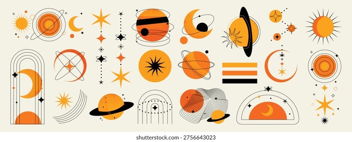 Solar system abstract icons vector set in orange, mustard, black, and cream. Mid-Century modern retro space collection with planets, stars, moons, and arches for nursery decor, posters.