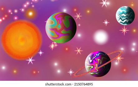 solar system with abstract planets and star background.