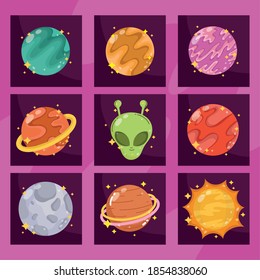 solar system and alien space galaxy astronomy in cartoon style vector illustration