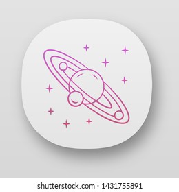 Solar system app icon. Celestial bodies orbiting star. Planetary system. Planet and three satellites. Astronomy. UI/UX user interface. Web or mobile applications. Vector isolated illustrations